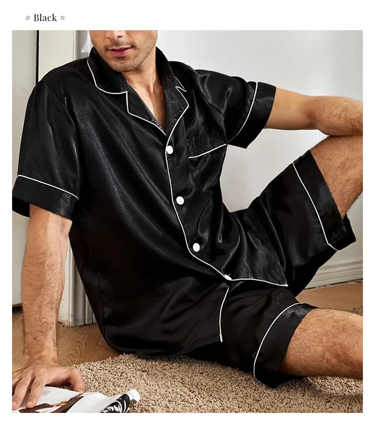 Satin Pajama Set – Short Sleeve Button-Down Sleepwear for Men