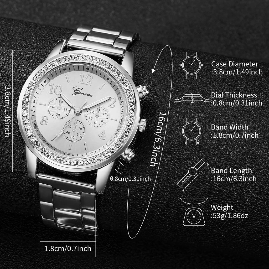 Stainless Steel Quartz Watch – Silver Diamond Bracelet for Women