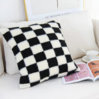 Black Faux Fur Throw Pillow Cover – Checked Wool Cushion for Sofa Decor