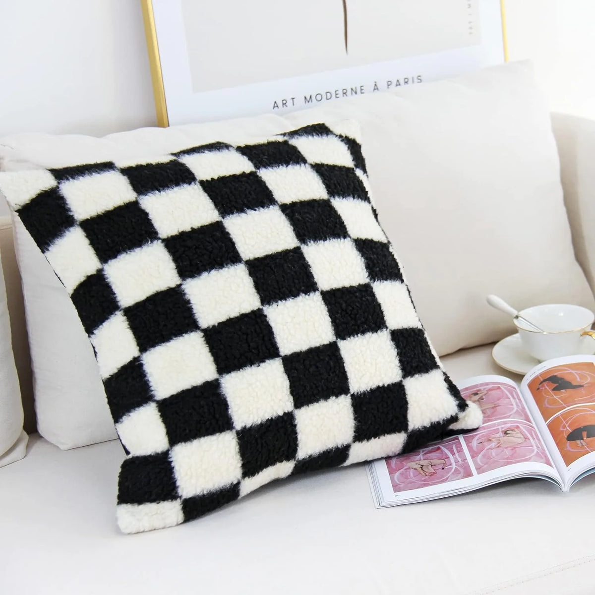 Black Faux Fur Throw Pillow Cover – Checked Wool Cushion for Sofa Decor