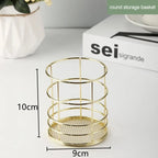 Gold Iron Storage Basket – Geometric Desktop Organizer for Makeup Brushes