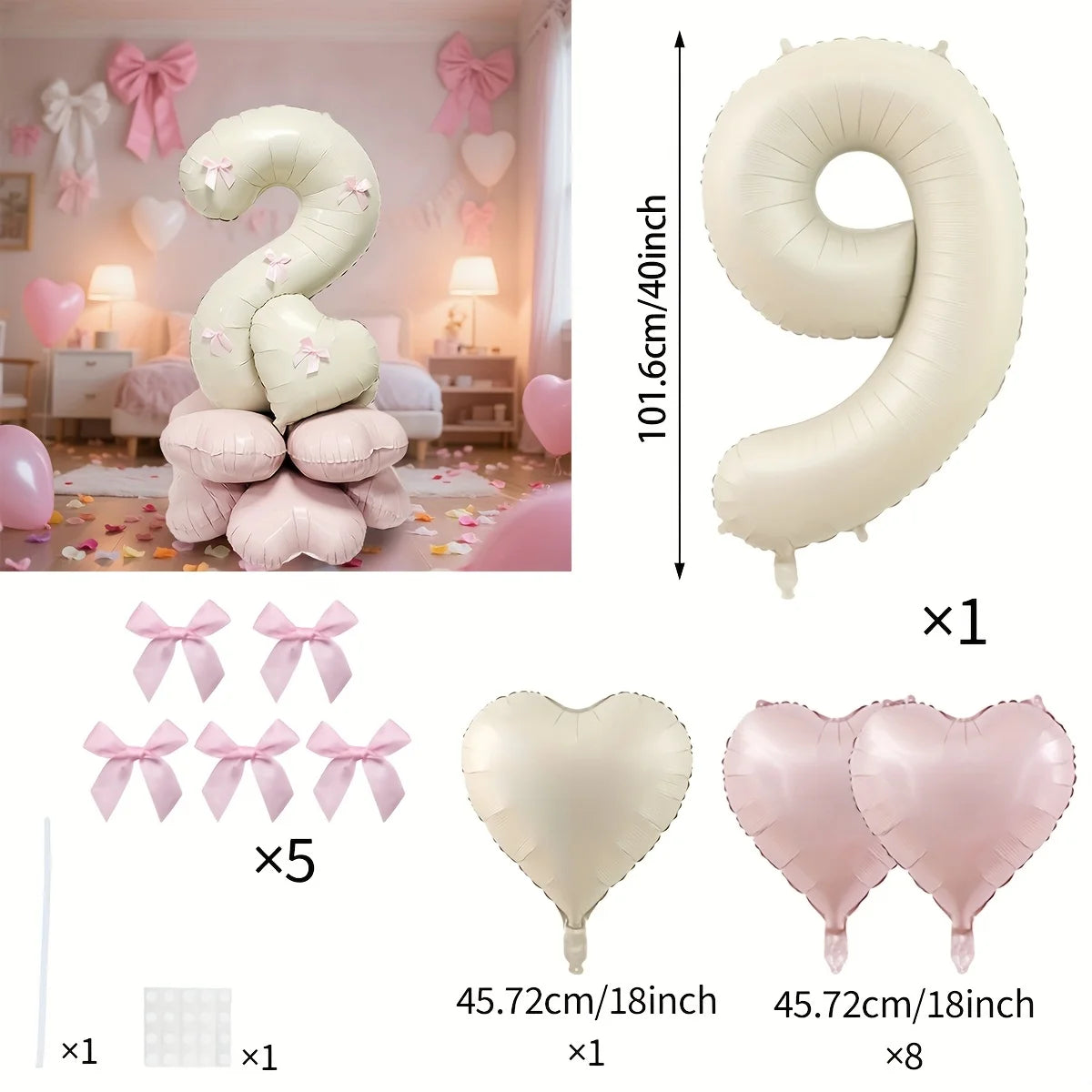 40-Inch Cream White Number Balloon Set – Heart Foil Decor for Kids Birthday