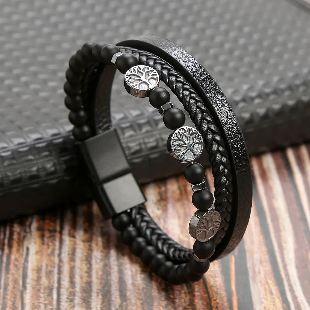 Tiger Eye Leather Bracelet – Multi-Layer Beaded Jewelry for Men