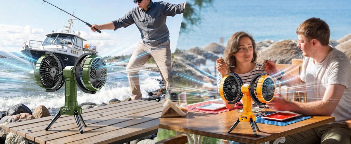 Portable Camping Fan – Dual Head Battery Powered Air Cooler for Outdoor Tents