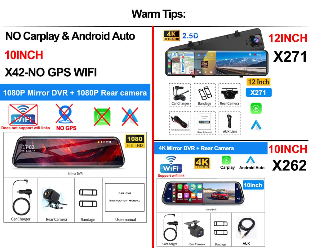 12-Inch 4K Mirror Dash Cam – Wireless CarPlay Android Auto for Car Navigation