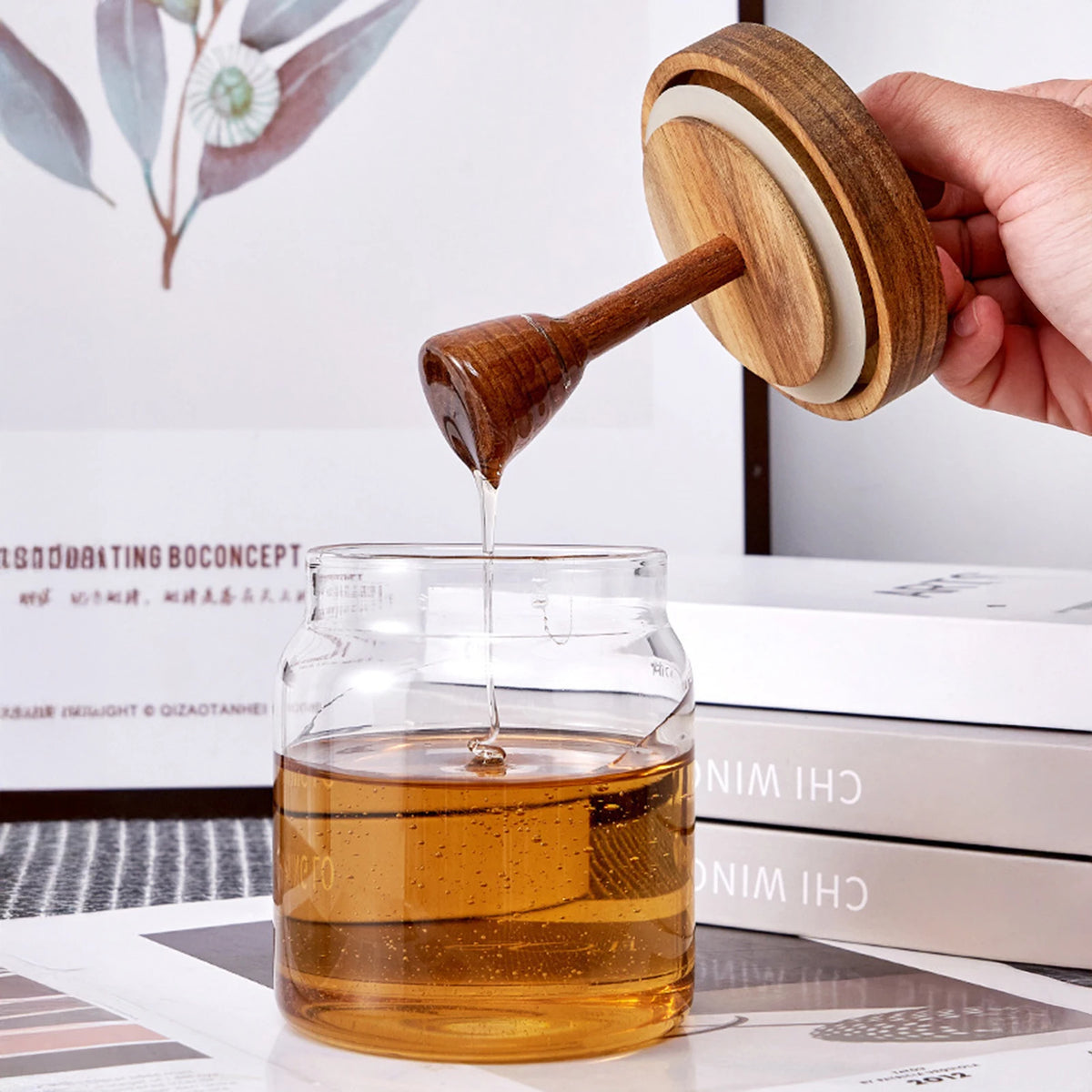Glass Honey Dispenser – Wide Mouth Jar with Dipper for Syrup Storage