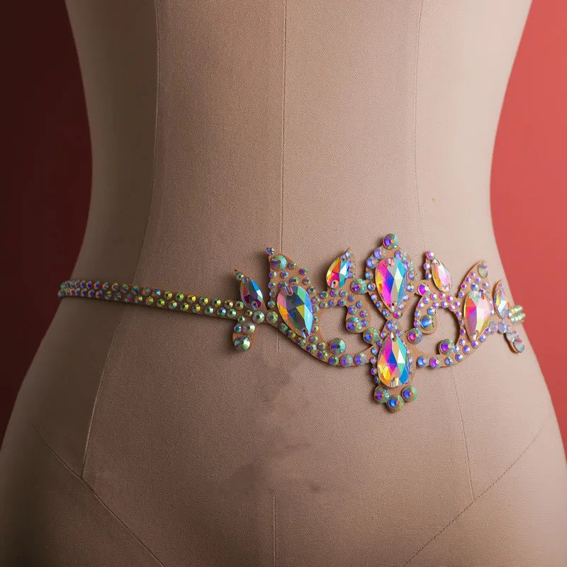 Iridescent rhinestone waist belt with ornate design on mannequin, accessory for costumes or outfits