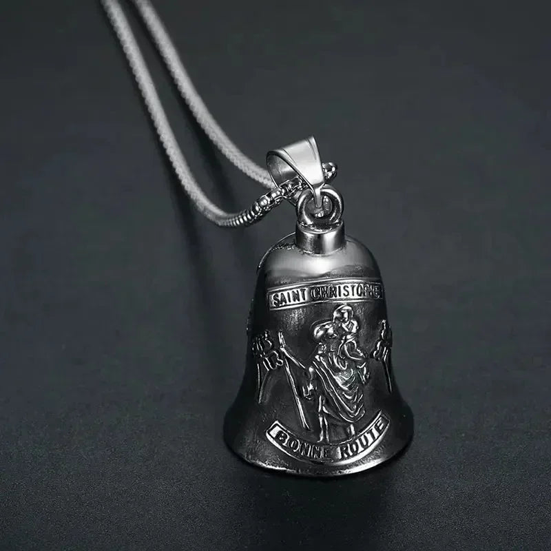 Vintage Jesus Cross Bell Pendant – Religious Biker Necklace for Men