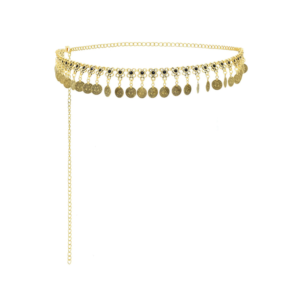 Gold coin chain belt with dangling medallion charms on white background