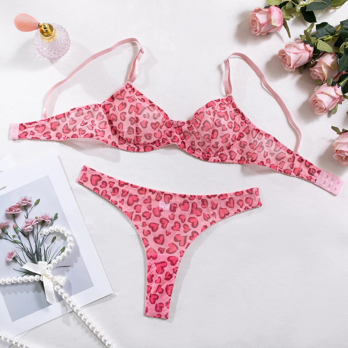 Polka Dot Mesh Lingerie Set – Sheer Underwire Bra and G-String for Women