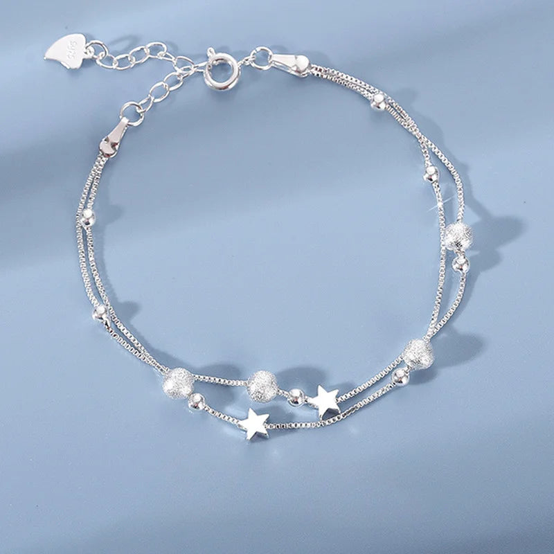 925 Sterling Silver Star Bracelet – Adjustable Double Layer for Party Jewelry