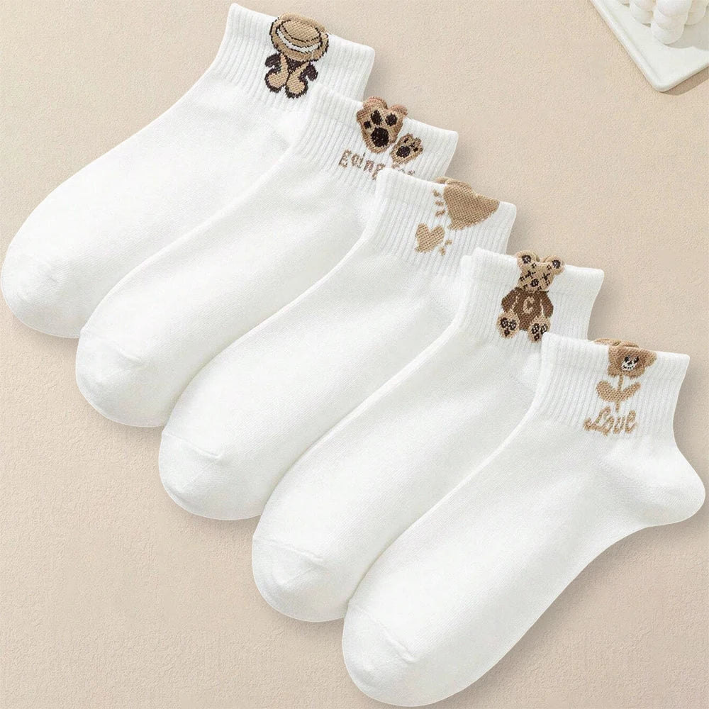 Cartoon Teddy Bear Ankle Socks – Breathable Cotton Casual Footwear for Women