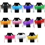 Assorted sequin fringe hip scarves in 12 colors held by models, ideal for dance or costumes