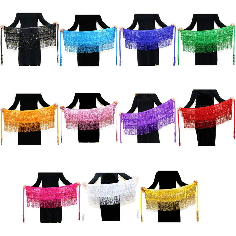 Assorted sequin fringe hip scarves in 12 colors held by models, ideal for dance or costumes