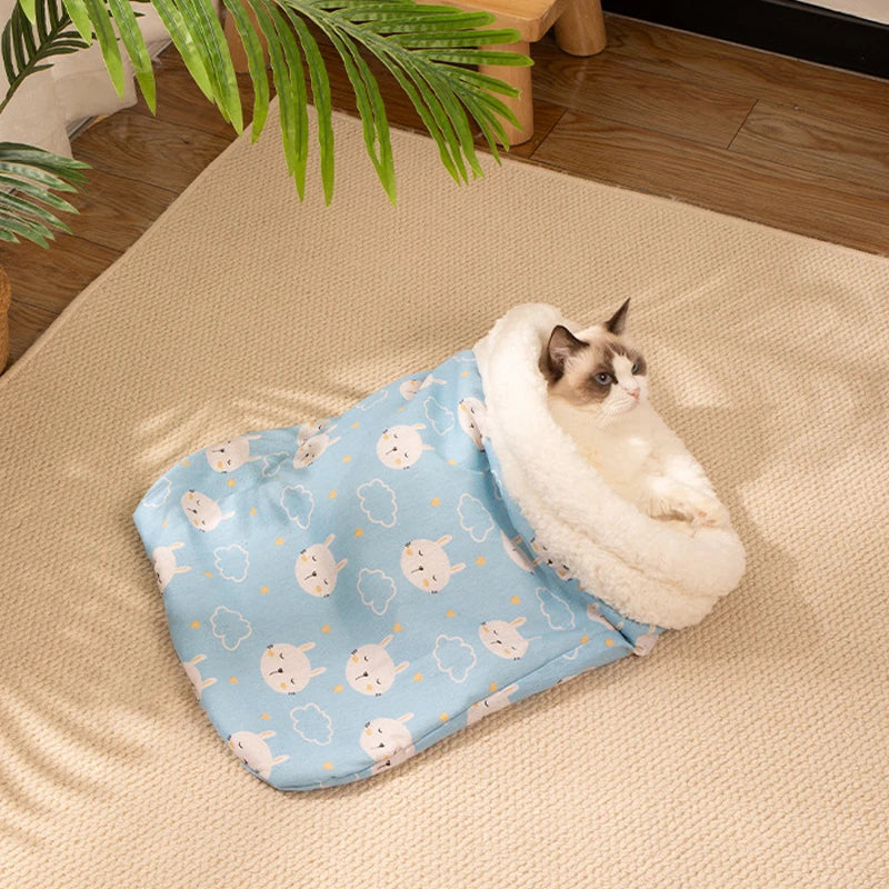 Plush Cat Sleeping Bag – Thickened Fluffy Nest for Winter Pet Comfort