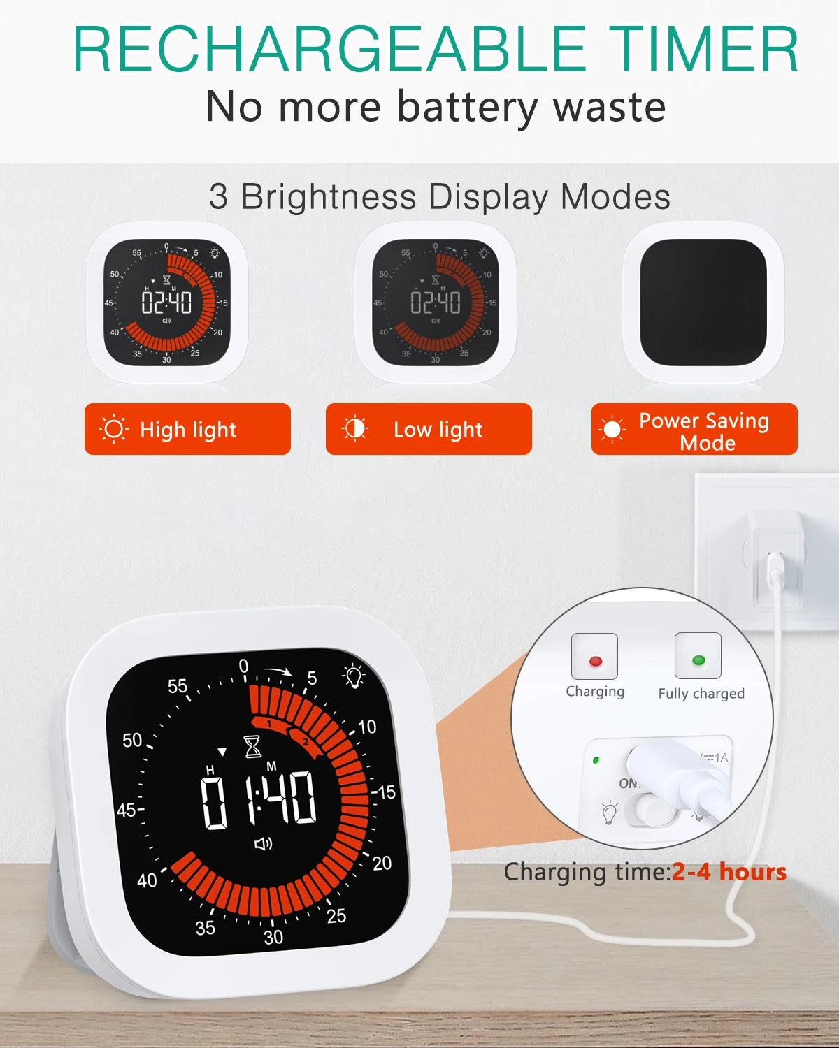 Rechargeable Visual Timer – Digital Countdown Tool for Kitchen School Office