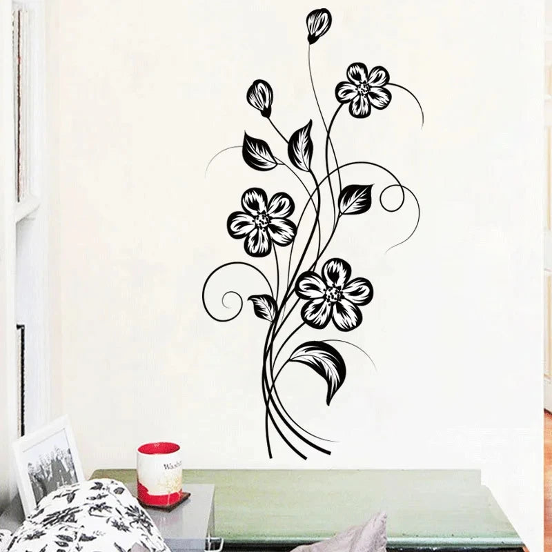 Black Flower Wall Decal – Waterproof Self-Adhesive Art for Home Decor