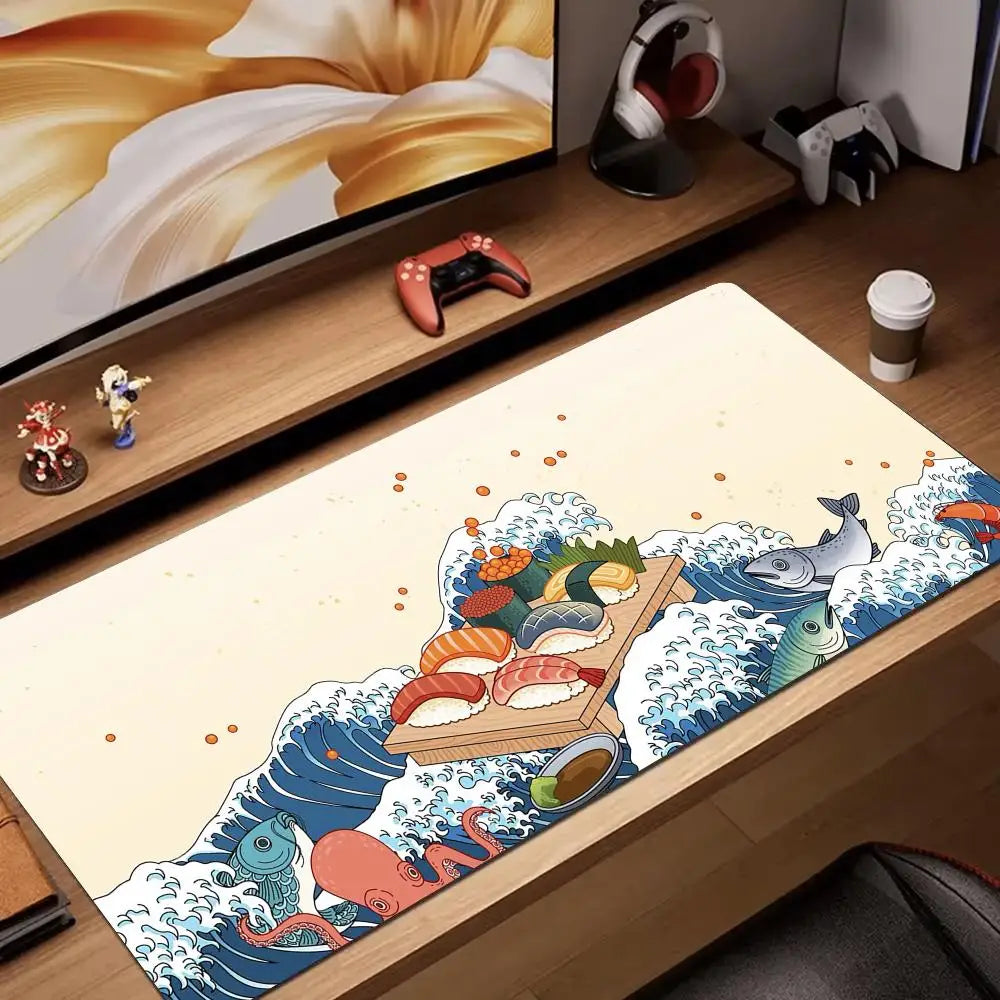 Wave and Sushi Desk Mat – Non-Slip Rubber Mouse Pad for Office and Gaming