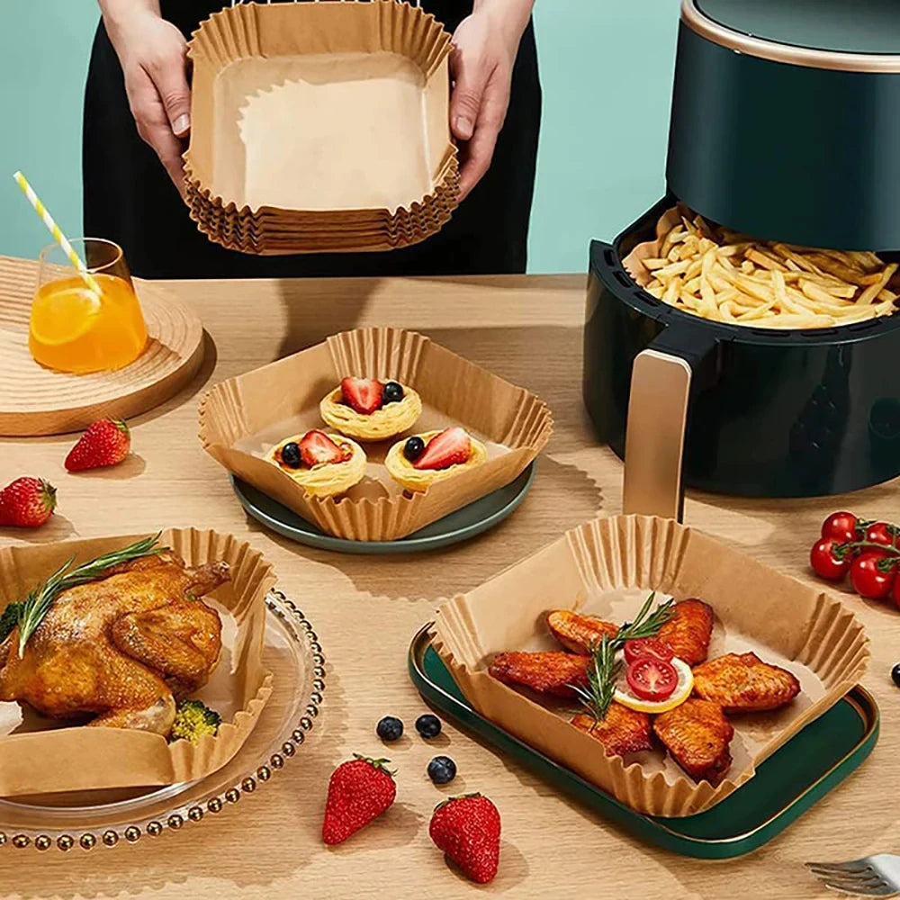 Square Air Fryer Paper Liners – 23cm Non-stick Parchment for Cooking and Baking
