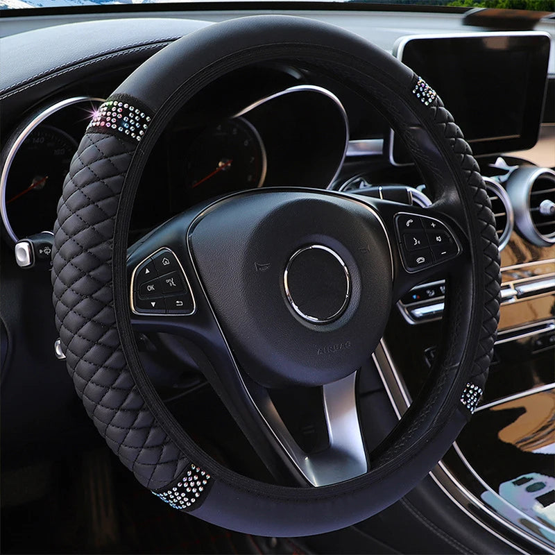 Embroidered Diamond Steering Wheel Cover – Universal Leather for Car Interior