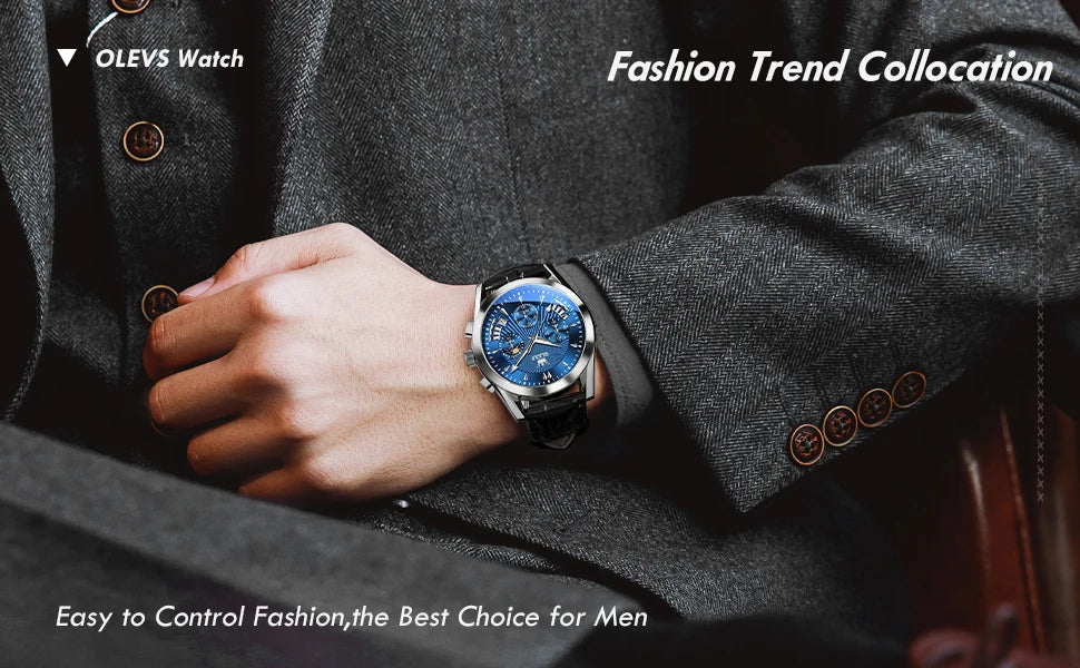 OLEVS Quartz Men's Watch – Luxury Waterproof Leather Wristwatch for Business