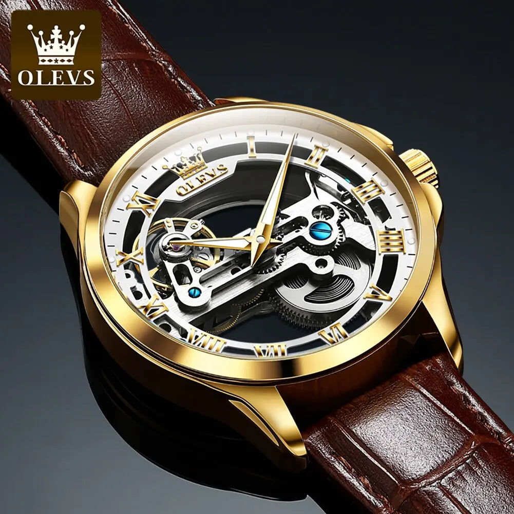 Automatic Skeleton Mechanical Watch – Leather Strap for Luxury Mens Formal Wear