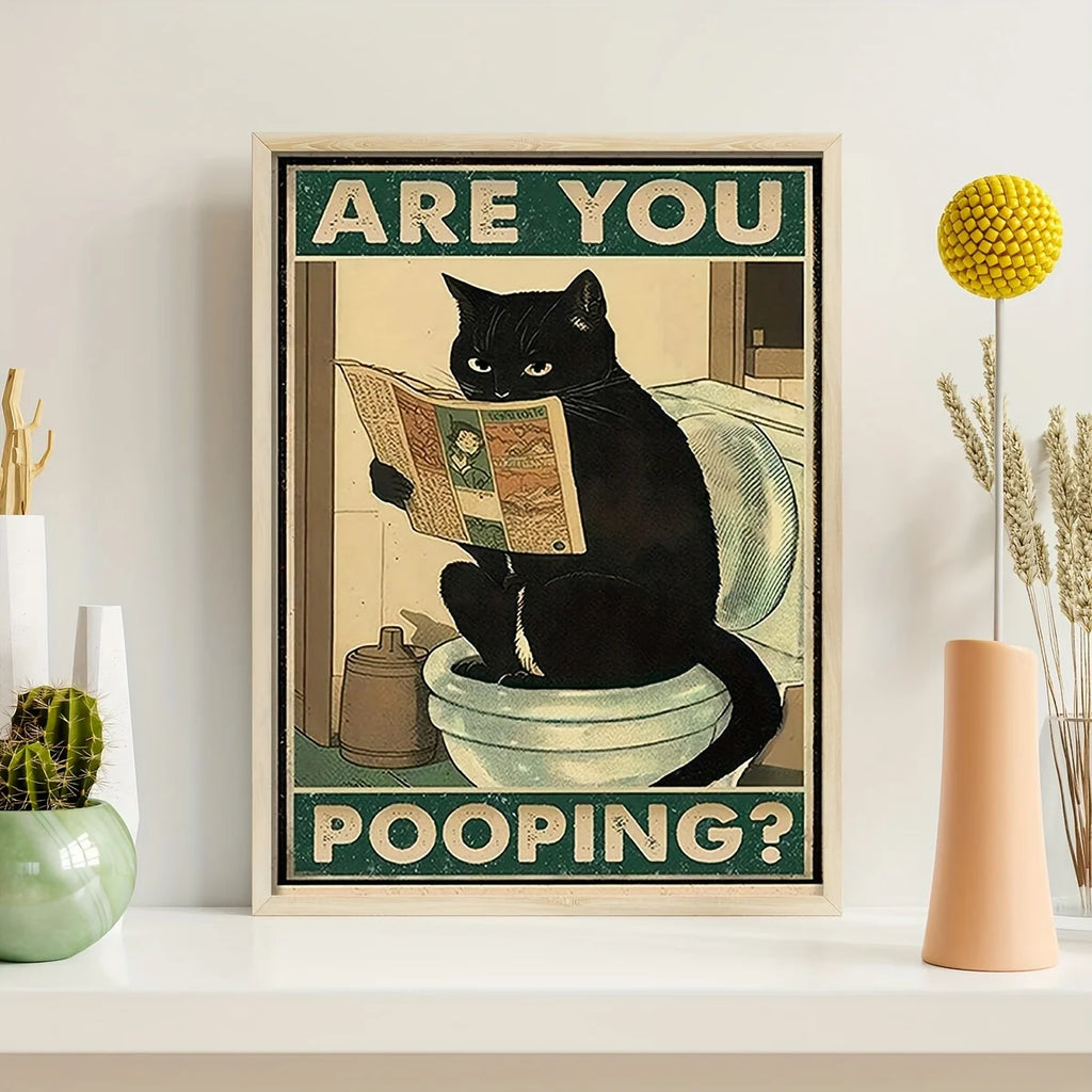 Funny Black Cat Newspaper Poster – Retro Bathroom Wall Art for Home Decor