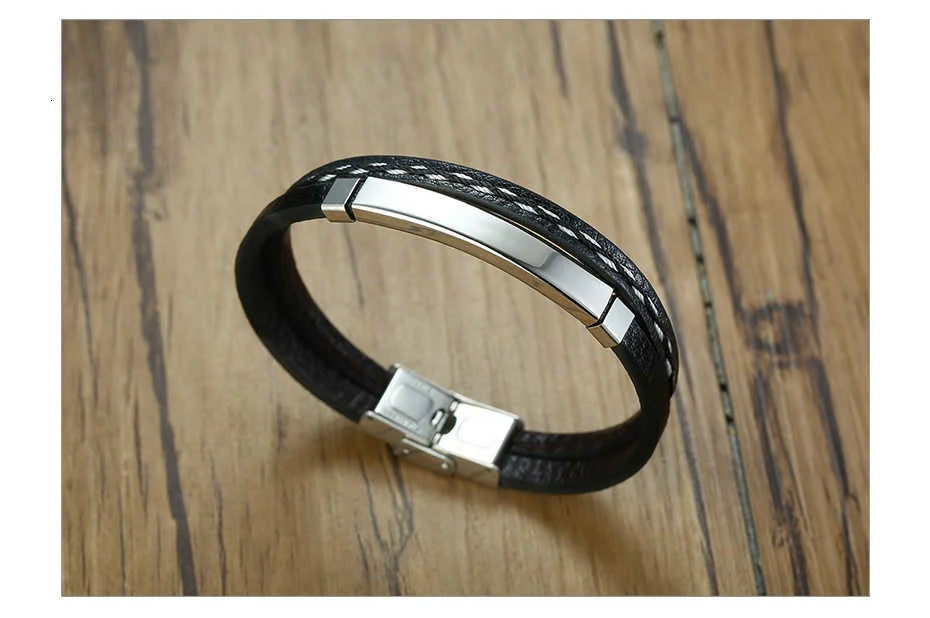 Genuine Leather Bar Bracelet – Stainless Steel Layered Bangle for Men Women
