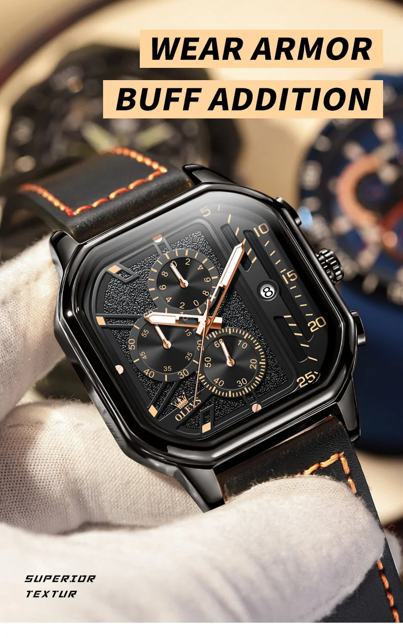 Square Leather Chronograph Watch – Waterproof Quartz Timepiece for Men