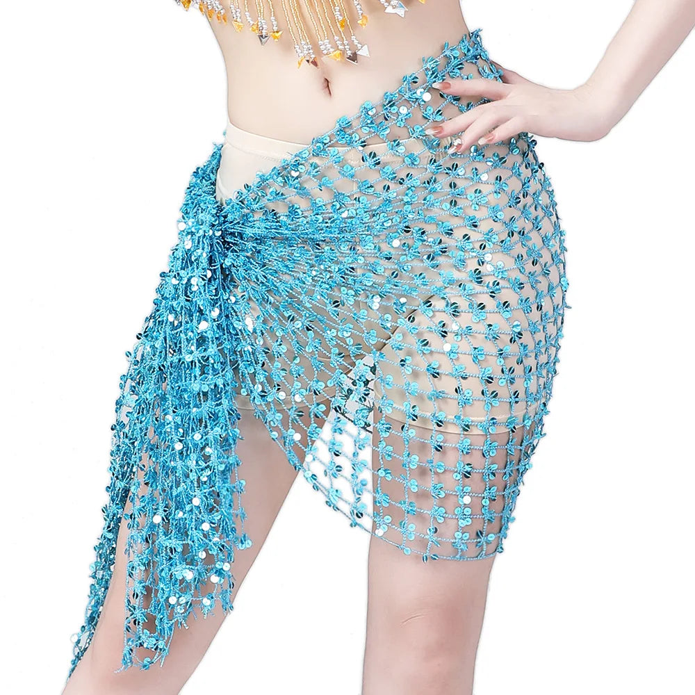 Woman wearing blue sequin fringe mesh wrap skirt, belly dance costume accessory