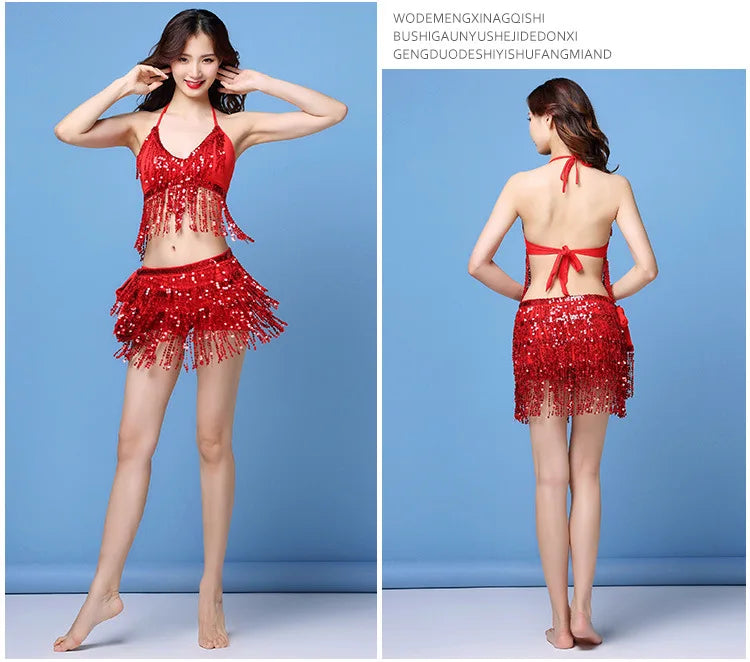 Woman modeling a red sequined fringe dance outfit, shown from front and back against blue background.