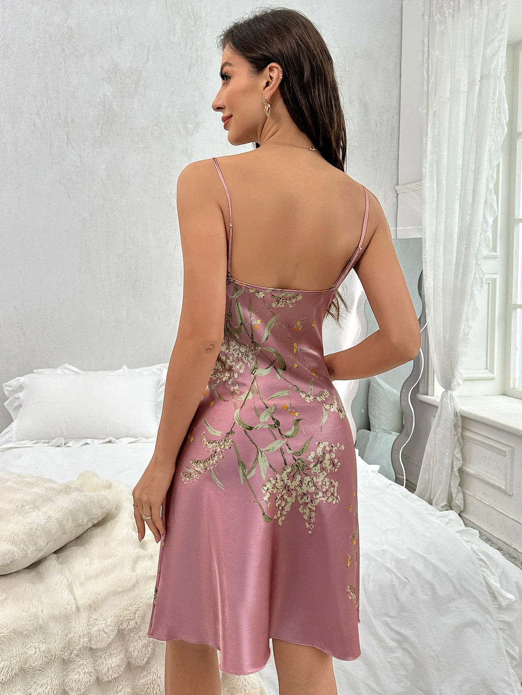 Floral Print V-Neck Nightdress – Spaghetti Strap Sleepwear for Women