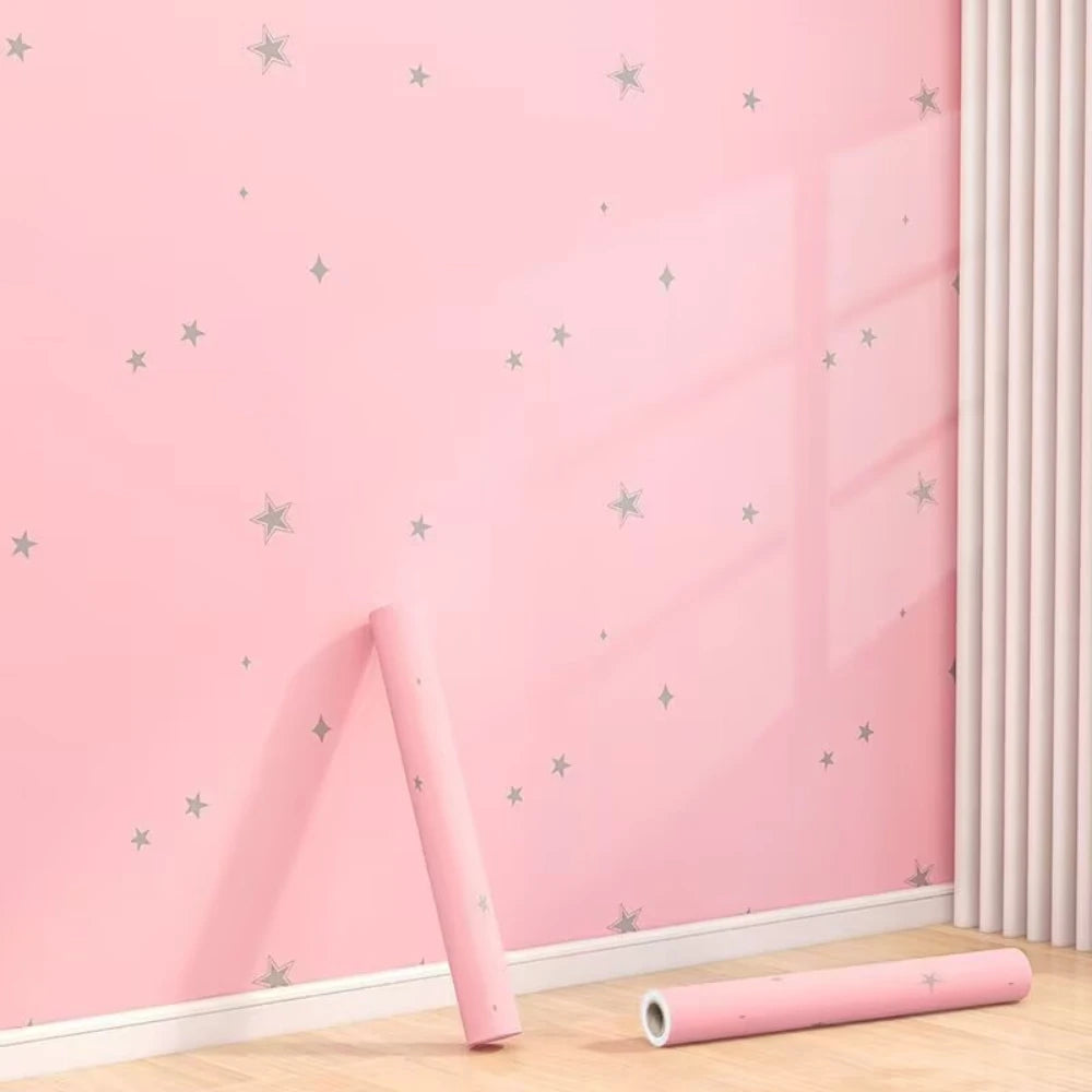 Pink Star Pattern PVC Wallpaper – Self-Adhesive Wall Decor for Kids Bedroom