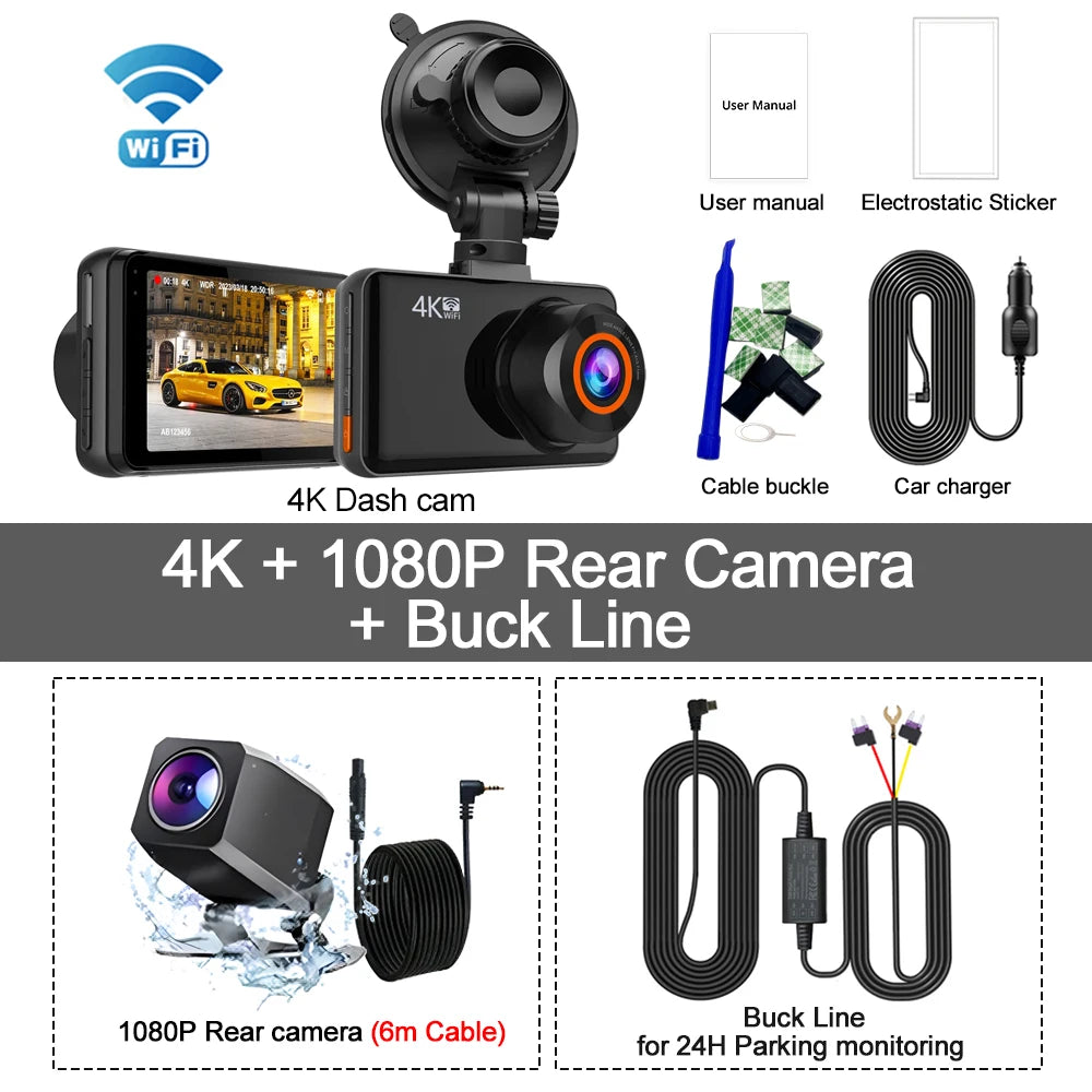 4K Dash Cam – Front and Rear WiFi Video Recorder for Vehicle Parking Safety