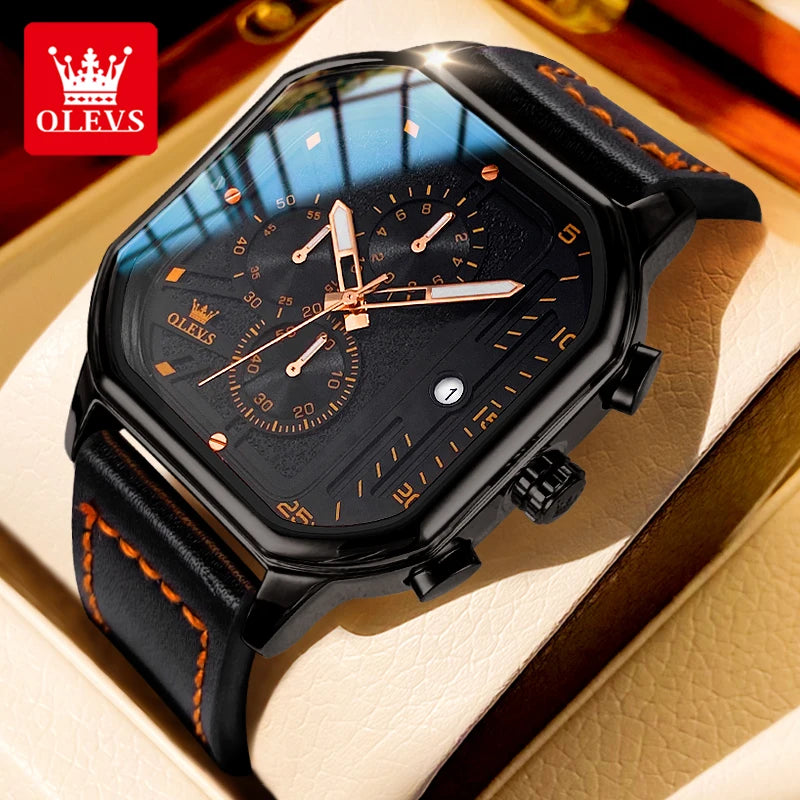 Square Leather Chronograph Watch – Waterproof Quartz Timepiece for Men