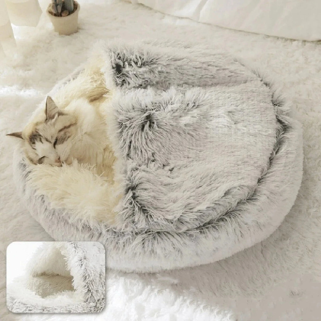 Plush Round Pet Bed – Warm 2-in-1 Cave Mattress for Small Cats and Dogs