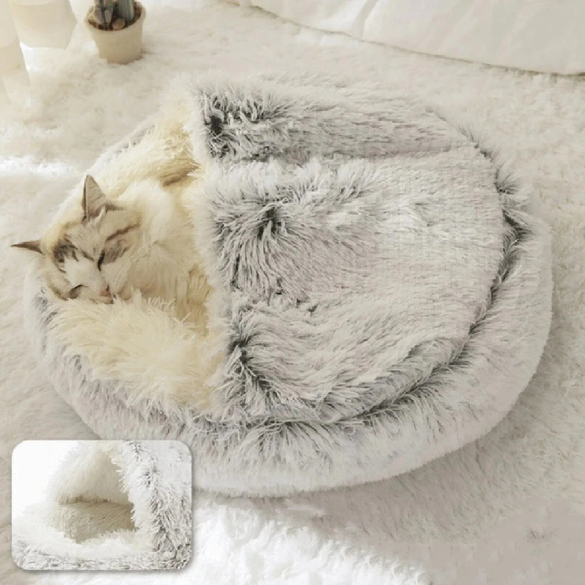 Plush Round Pet Bed – Warm 2-in-1 Cave Mattress for Small Cats and Dogs