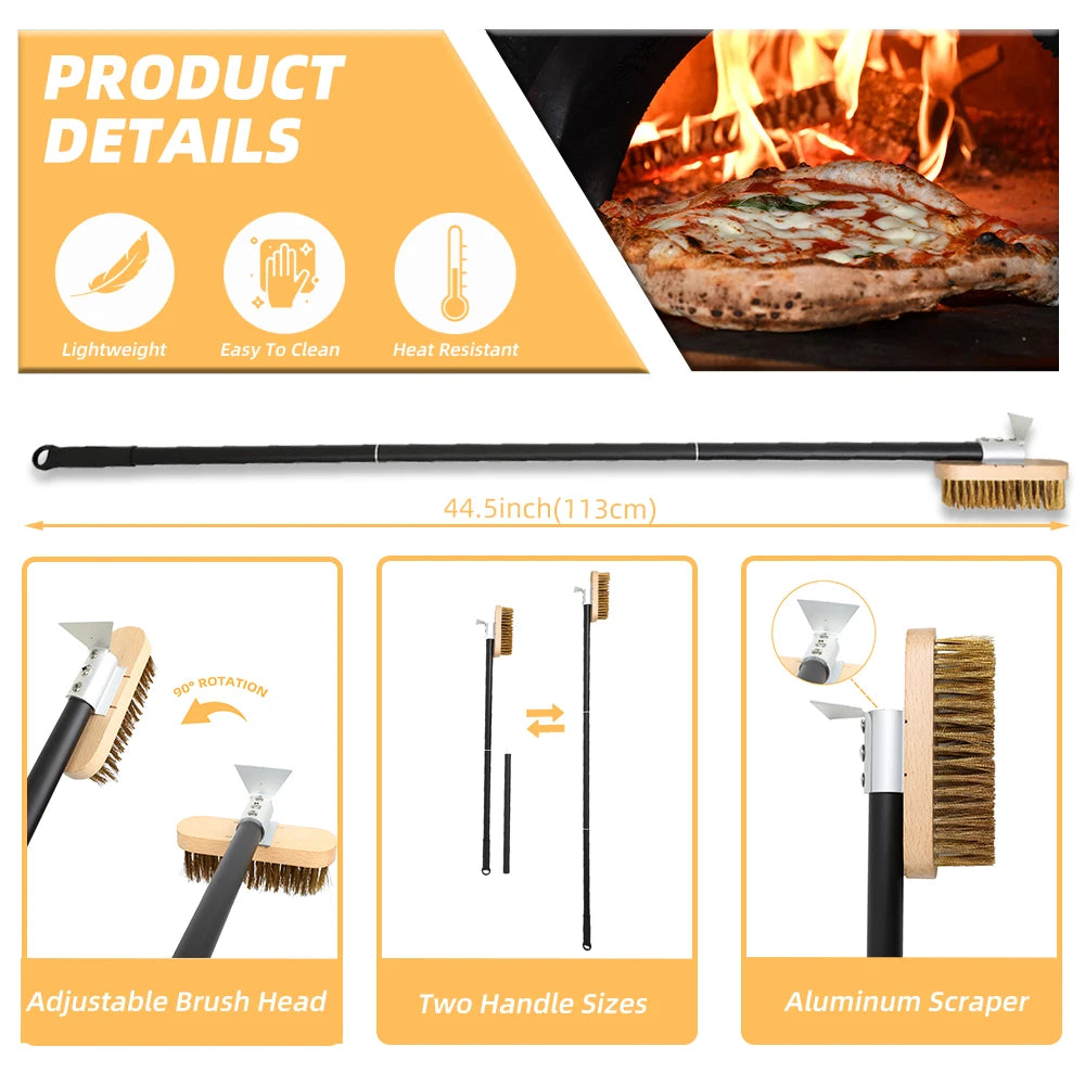 Brass Bristle Pizza Oven Brush – Long Wooden Handle for Kitchen Grill Cleaning