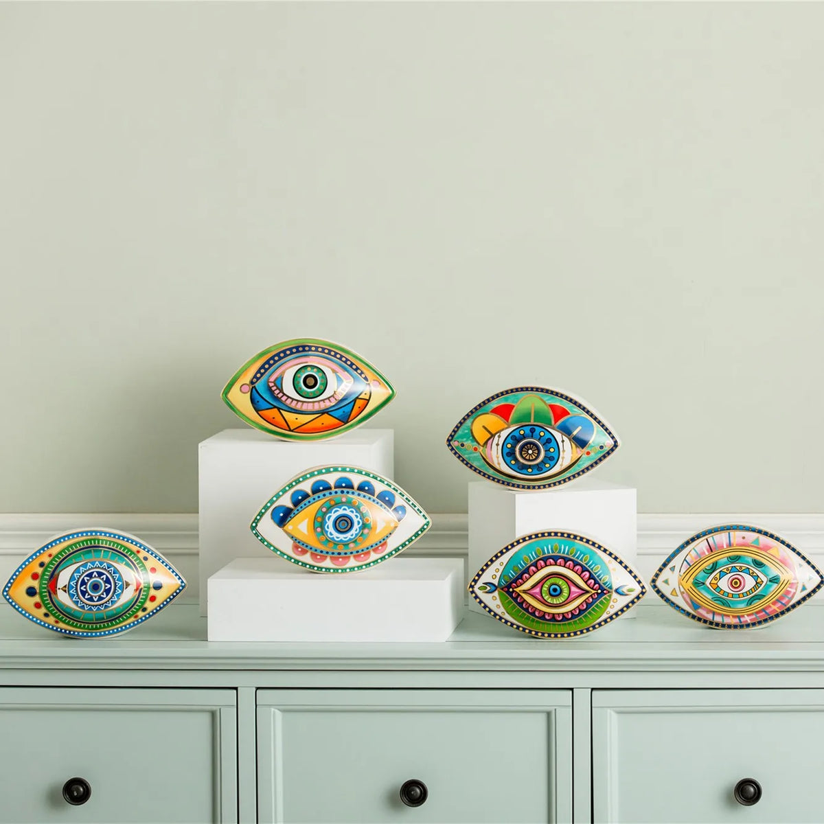 Ceramic Evil Eye Figurine – Lucky Amulet Ornament for Home Living Room Decor
