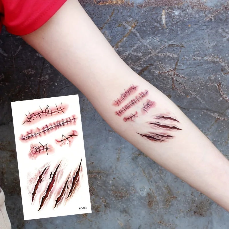 Realistic Fake Scar Tattoos – Bloody Wound Decals for Halloween Makeup