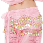 Pink belly dance hip scarf with gold coins and beads, tied around waist