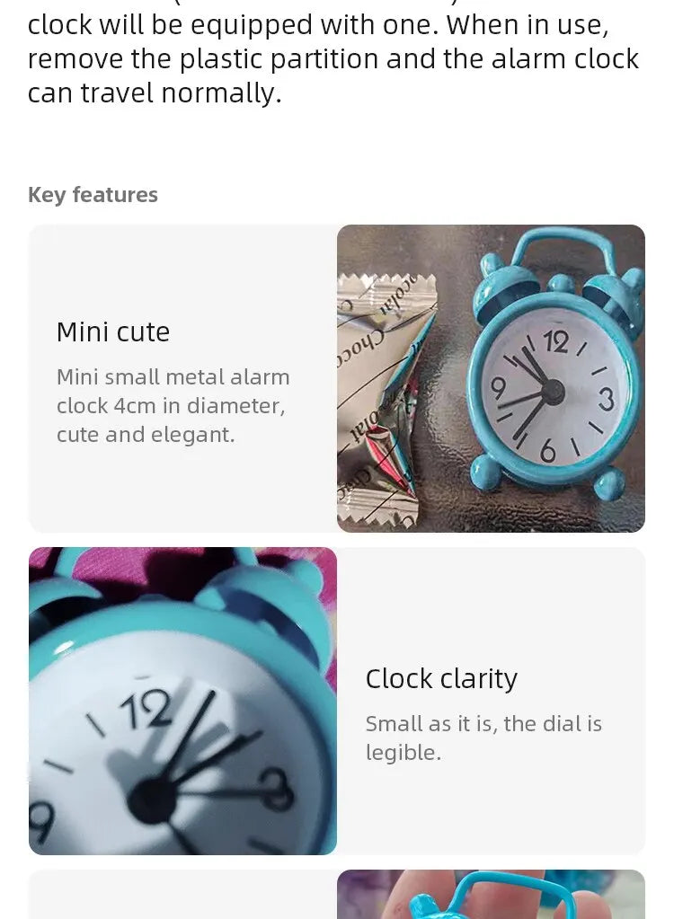 Mini Round Metal Alarm Clock – Portable Quartz Desktop Decor for Home Office