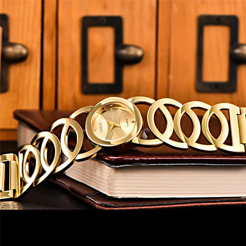 Gold Stainless Steel Bracelet Watch – Luxury Vintage Timepiece for Women