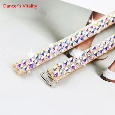 Sparkly rhinestone ankle straps with metal buckle, shown on a white background with shoes.