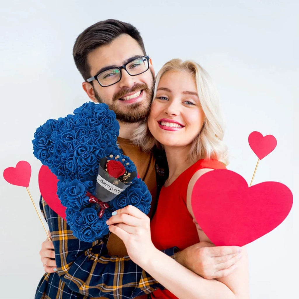 Artificial Rose Teddy Bear – 25cm Flower Figurine for Anniversary Gifts