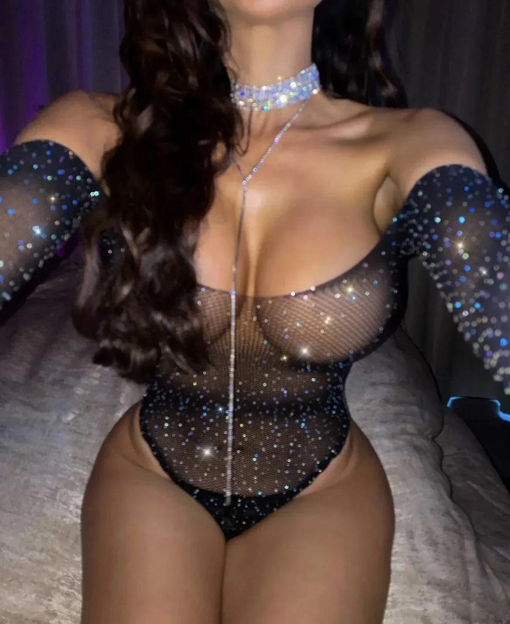Crystal Diamante Bodysuit – Sexy Hollow Lingerie for Sleepwear