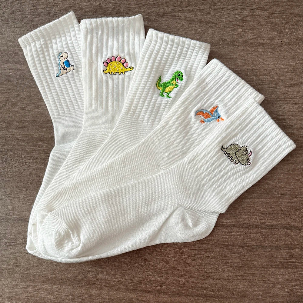 Embroidered Dinosaur Ankle Socks – Cute Cartoon Cotton Socks for Women