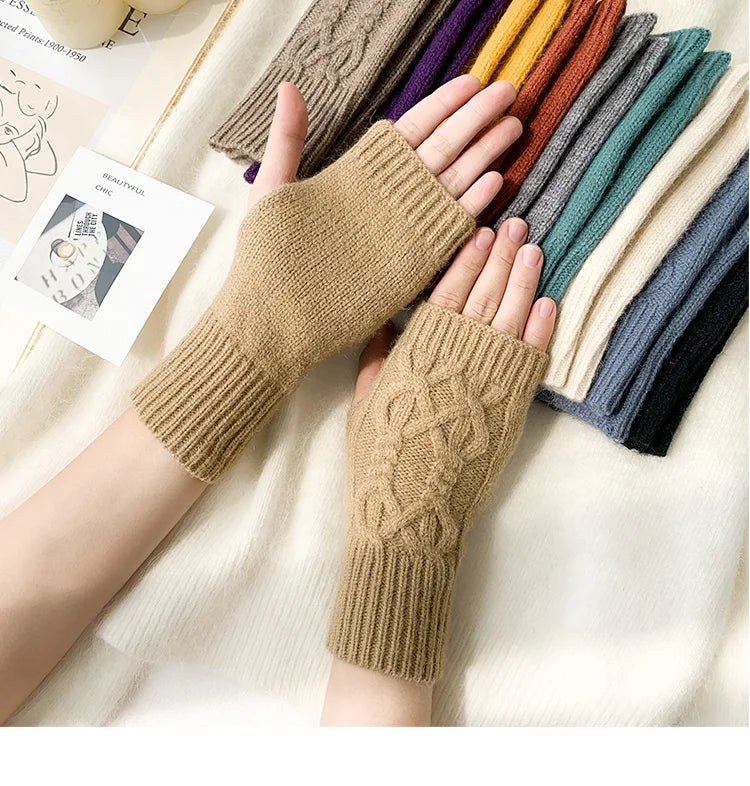 Soft Wool Half Finger Gloves – Warm Knit Arm Mittens for Winter Outdoor