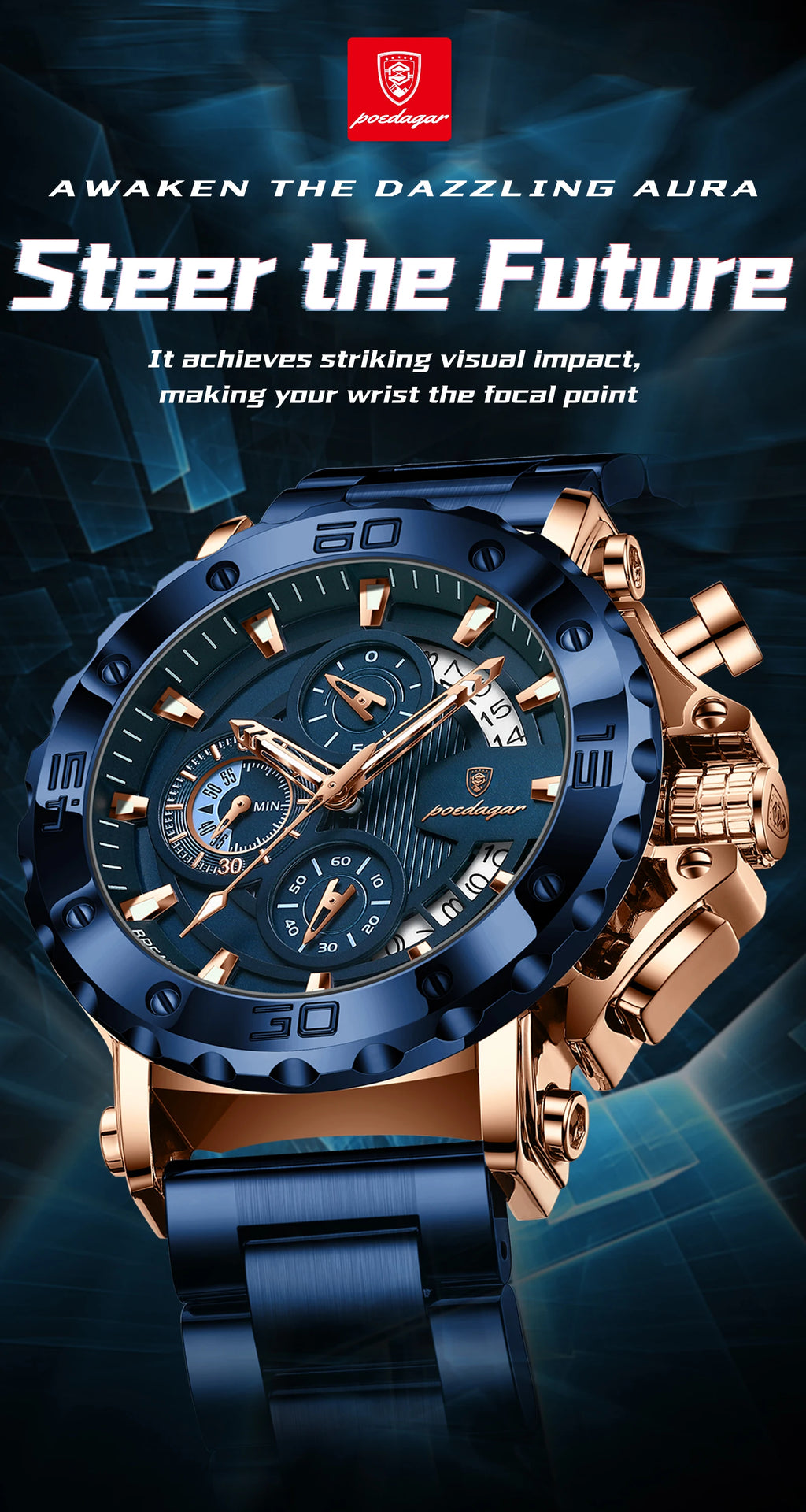 Stainless Steel Chronograph Watch – Luminous Waterproof Quartz for Men