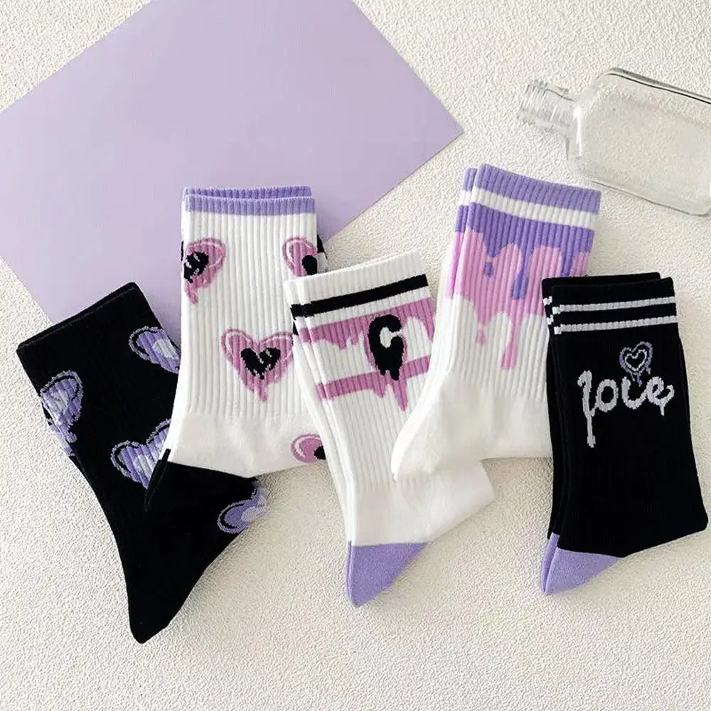 Cotton Heart Print Crew Socks – Kawaii Korean Style for Women